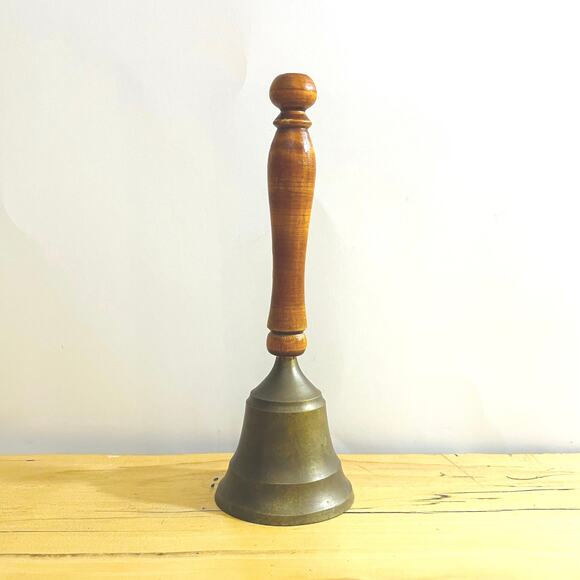Vintage Handheld Brass Hand Bell Wood Handle Teacher School 8 3/4" - Picture 2 of 7